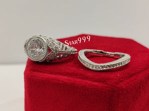 1930s Art Deco 2.20 Ct White Round Diamond Wedding Ring Set In 925 Sterling Silver - STARJEWEL999