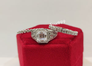 1930s Vintage Asscher Diamond Wedding Ring Set In 925 Sterling Silver - STARJEWEL999