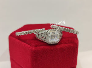 1930s Vintage Asscher Diamond Wedding Ring Set In 925 Sterling Silver - STARJEWEL999