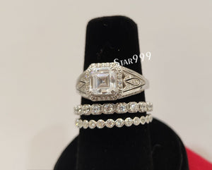 1930s Vintage Asscher Diamond Wedding Ring Set In 925 Sterling Silver - STARJEWEL999