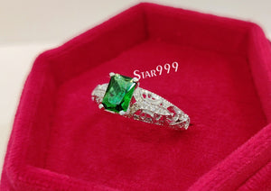 1930s Vintage Edwardian Green Radiant Diamond Engagement Ring In 925 Sterling Silver,Filigree Ring - STARJEWEL999