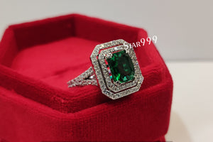 Green Radiant Diamond Double Halo Engagement Ring 925 Sterling Silver