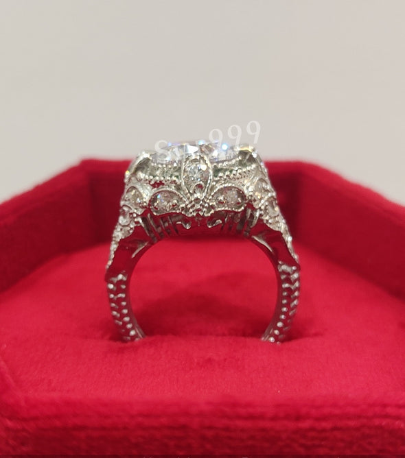 Round Diamond Vintage Style Engagement Ring In 925 Sterling Silver,Filigree Ring