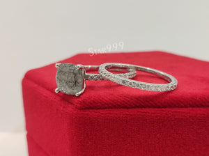 Salt And Pepper Cushion Diamond Wedding Ring Set in 925 Sterling Silver,Bridal Ring Set