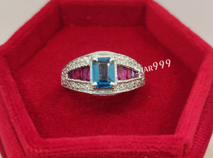 London Topaz Blue Emerald Diamond Engagement Ring In 925 Sterling Silver