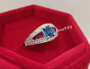 London Topaz Blue Emerald Diamond Engagement Ring In 925 Sterling Silver