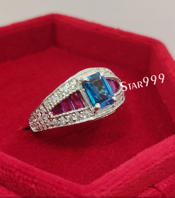 London Topaz Blue Emerald Diamond Engagement Ring In 925 Sterling Silver