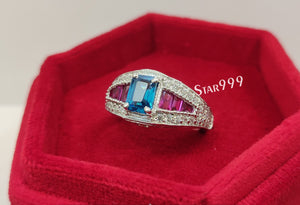 London Topaz Blue Emerald Diamond Engagement Ring In 925 Sterling Silver