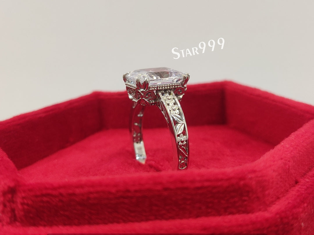 Vintage Radiant Diamond Engagement Ring In 925 Sterling Silver,Filigree Ring