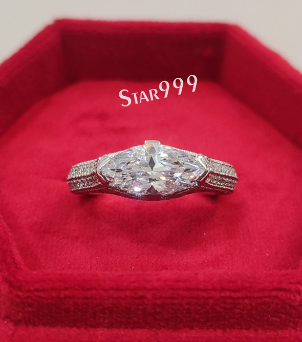 Vintage Marquise Diamond Engagement Ring In 925 Sterling Silver,Milgrain Ring