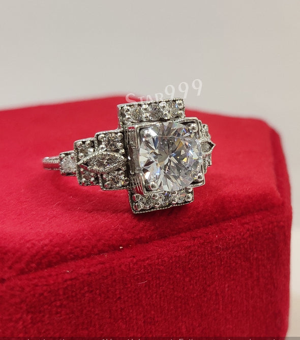 Vintage White Round Diamond Engagement Ring In 925 Sterling Silver,Filigree Ring,Edwardian Ring