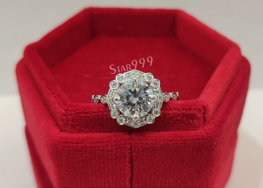 Vintage White Round Diamond Engagement Ring In 925 Sterling Silver