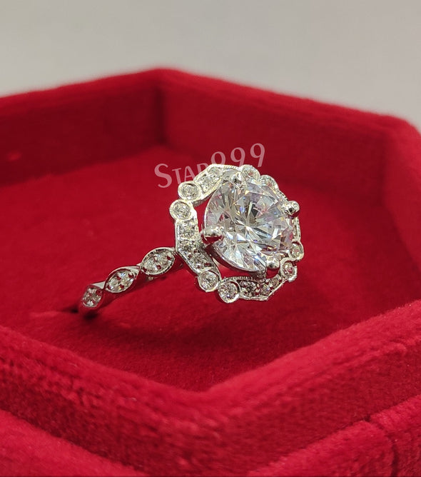 Vintage White Round Diamond Engagement Ring In 925 Sterling Silver