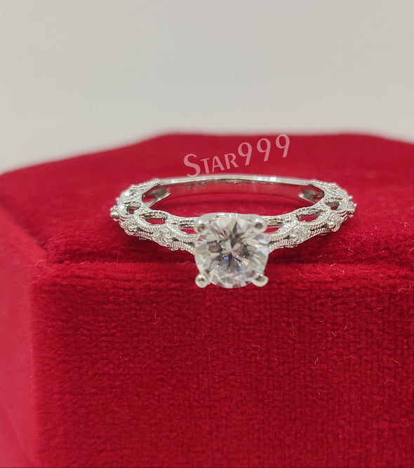 Filigree Art Deco White Round Diamond Engagement Ring In 925 Sterling Silver,Edwardian Ring