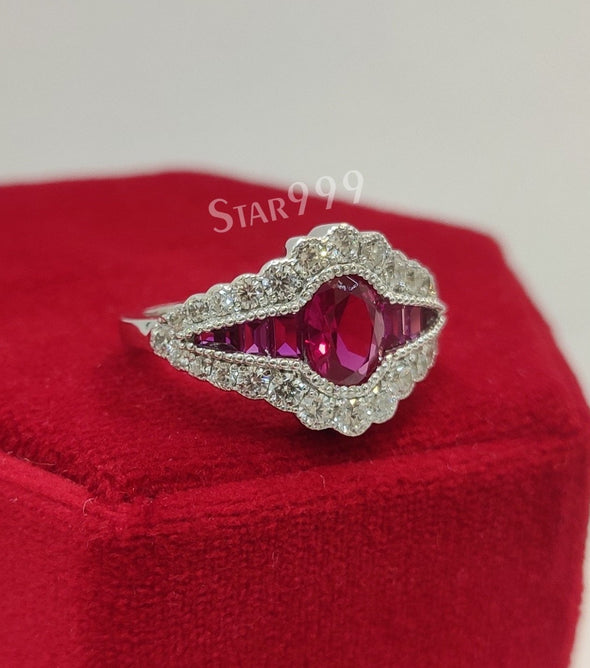 Antique Dark Pink Oval Diamond Engagement Ring In 925 Sterling Silver - STARJEWEL999