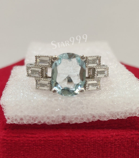 Aquamarine Oval Diamond Engagement Ring In 925 Sterling Silver - STARJEWEL999