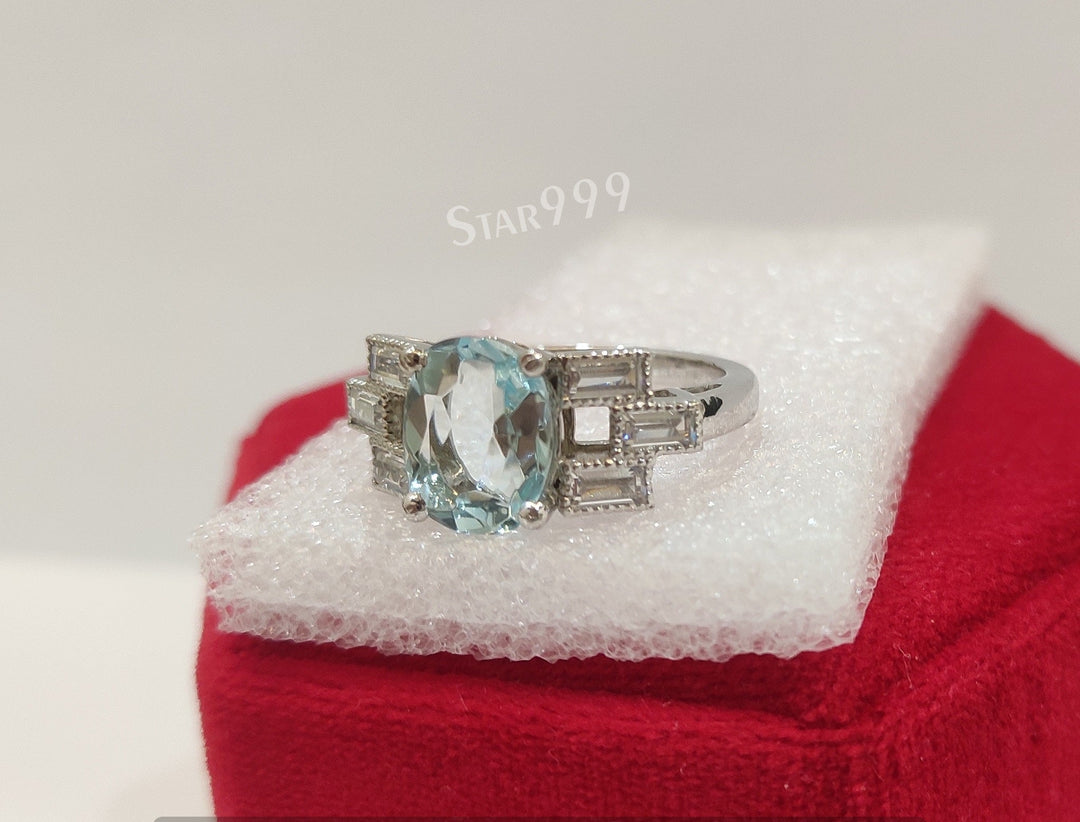 Aquamarine Oval Diamond Engagement Ring In 925 Sterling Silver - STARJEWEL999