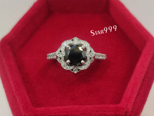 Art Deco Black Round Diamond Engagement Ring In 925 Sterling Silver - STARJEWEL999