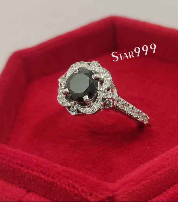 Art Deco Black Round Diamond Engagement Ring In 925 Sterling Silver - STARJEWEL999