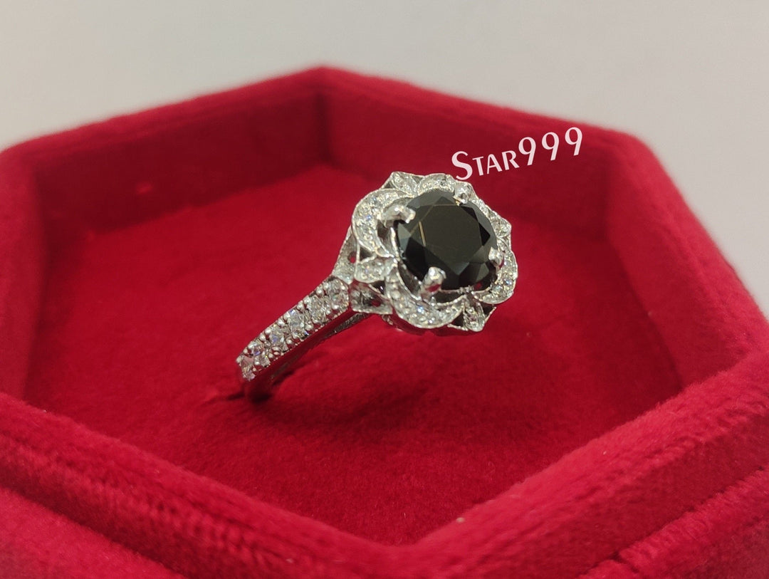 Art Deco Black Round Diamond Engagement Ring In 925 Sterling Silver - STARJEWEL999