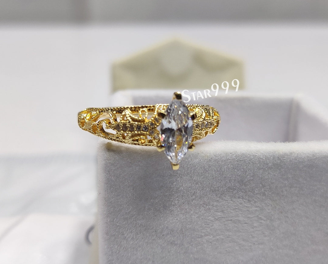 Art Deco Marquise Diamond Engagement Ring,Filigree Ring,925 Sterling Silver Ring with Gold Plated - STARJEWEL999